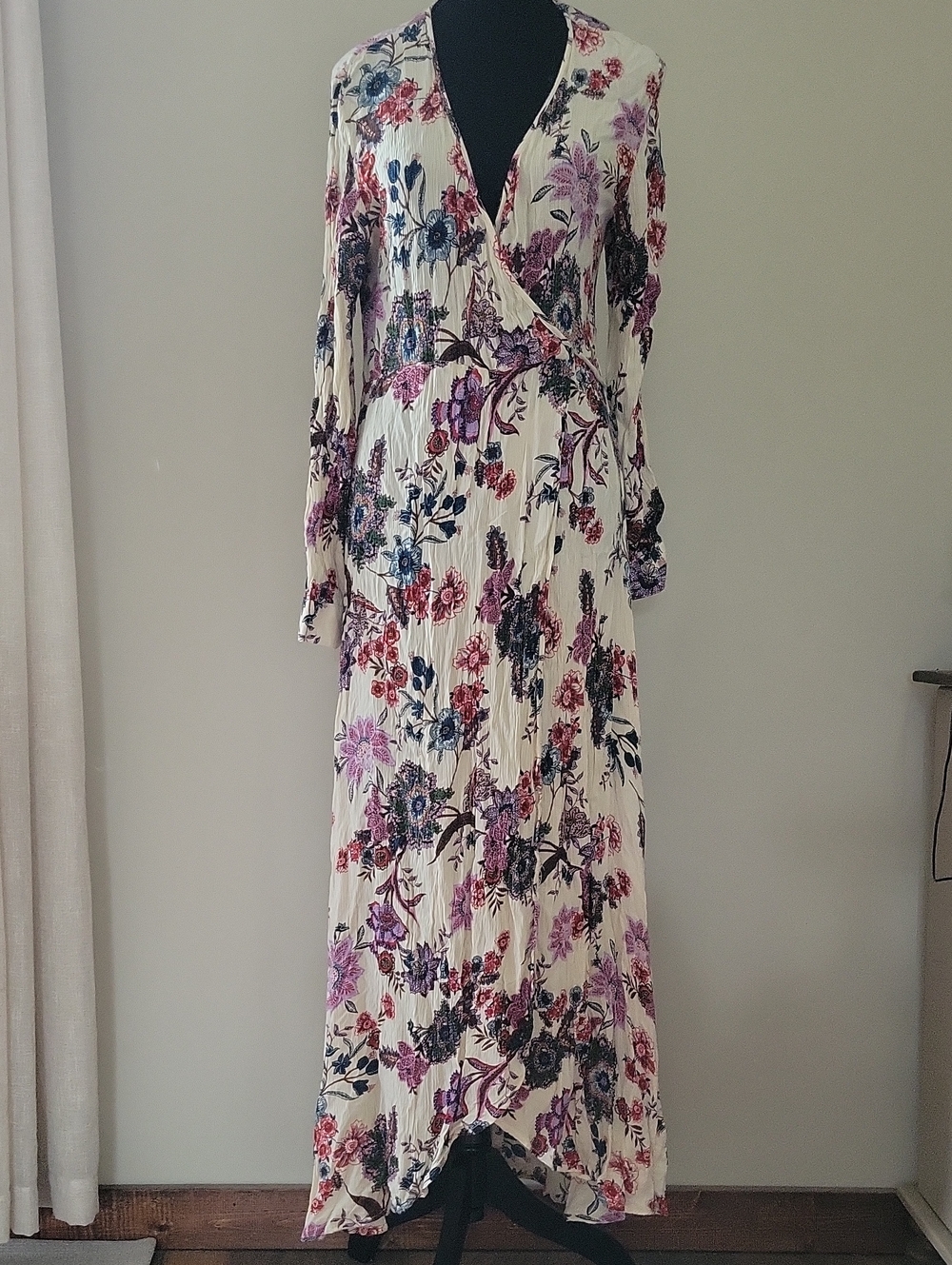 Floral Wrap Maxi Dress - Cream with Pink & Blue Floral
